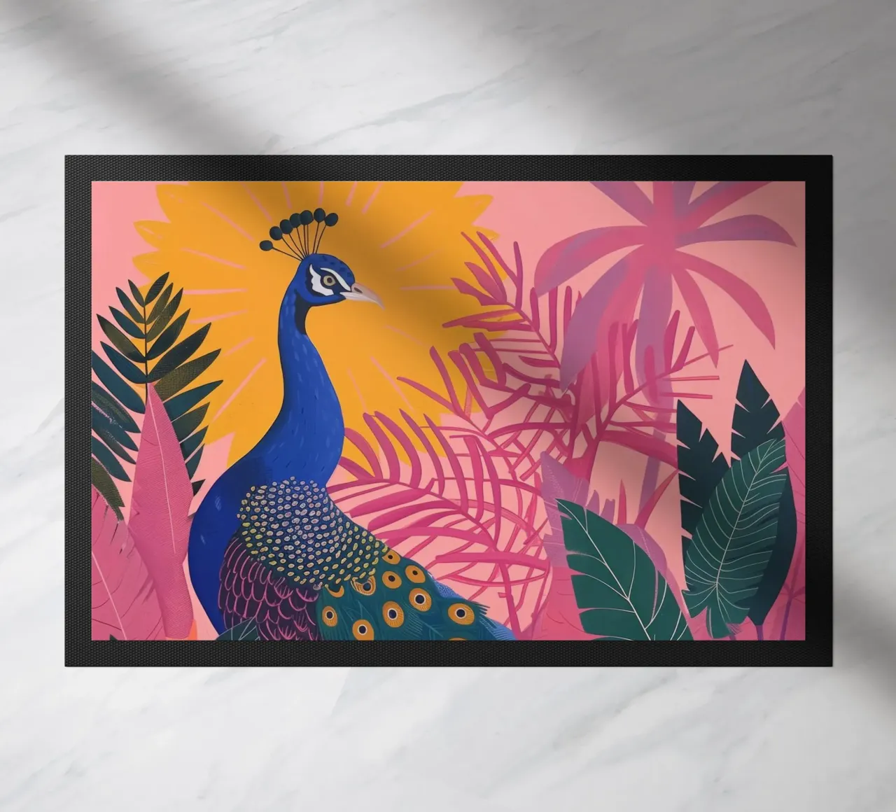 Pavone tra piante tropicali Fiori botanici rosa zerbino da Gentle Echoes Art