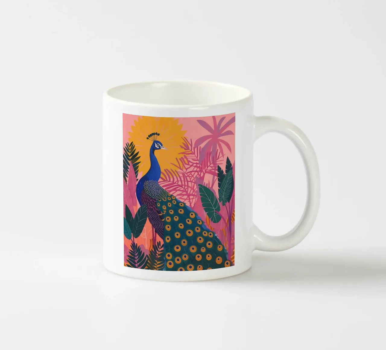 Pavone tra piante tropicali Fiori botanici rosa tazza in ceramica da Gentle Echoes Art
