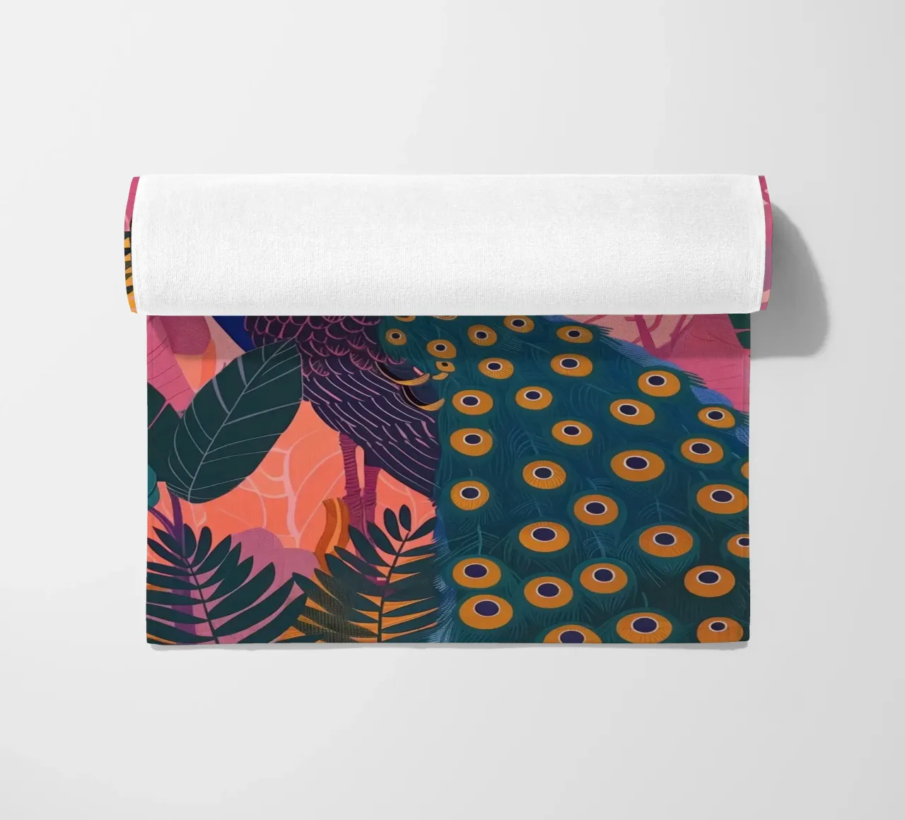 Pavone tra piante tropicali Fiori botanici rosa telo mare da Gentle Echoes Art