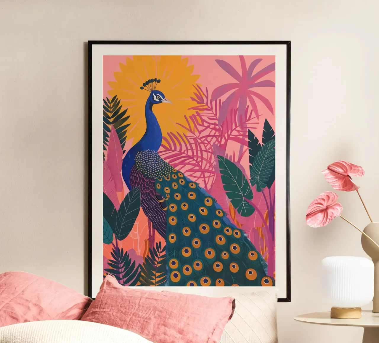 Pavone tra piante tropicali Fiori botanici rosa carta hahnemühle da Gentle Echoes Art