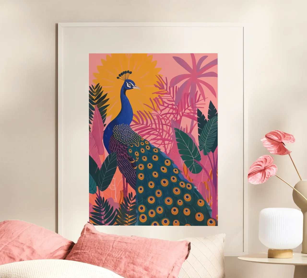 Pavone tra piante tropicali Fiori botanici rosa carta hahnemühle da Gentle Echoes Art