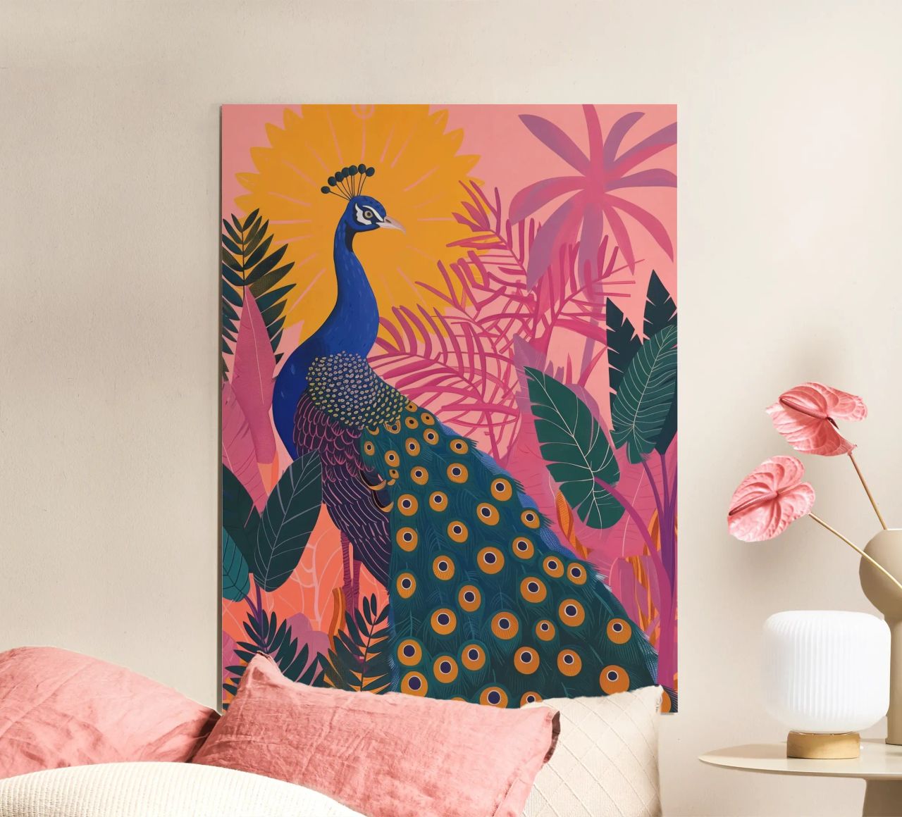 Peacock Among Tropical Plants Pink Botanical Flowers poster by Gentle Echoes Art