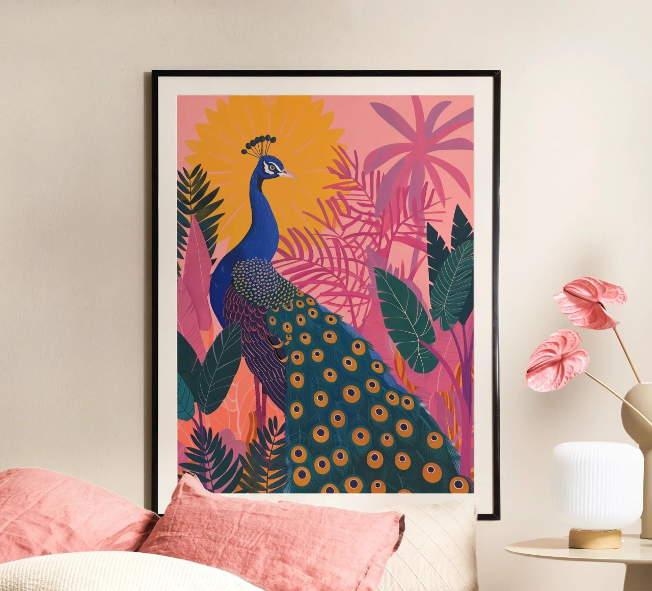 Peacock Among Tropical Plants Pink Botanical Flowers poster by Gentle Echoes Art
