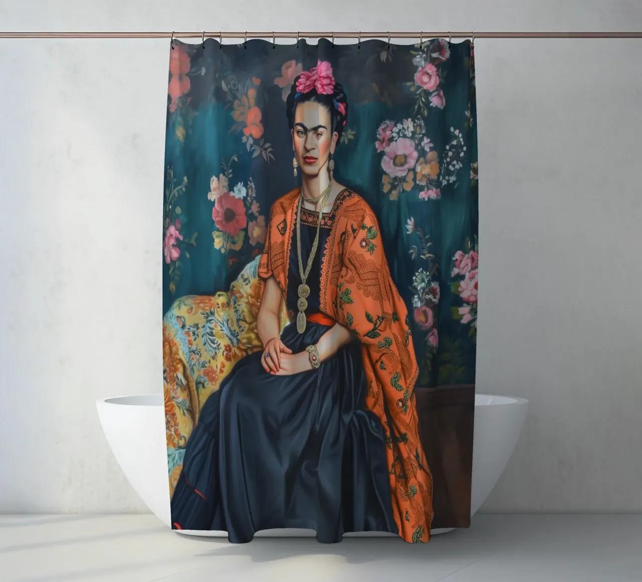 Frida's Mexican fashion style shower curtain by Carinaprint