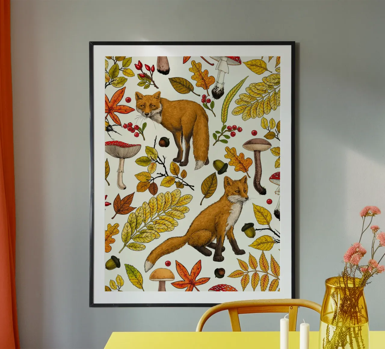 Volpi d'autunno poster con telaio in legno da Painted Nature