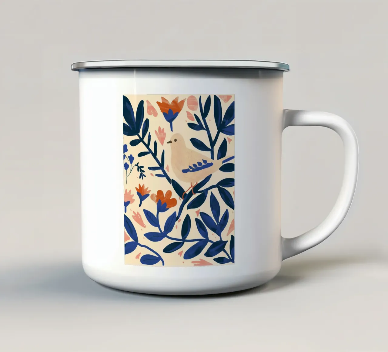 Bianco Piccione Primavera Blu Piante Botaniche Stile Boho Natura tazza in smalto da Gentle Echoes Art