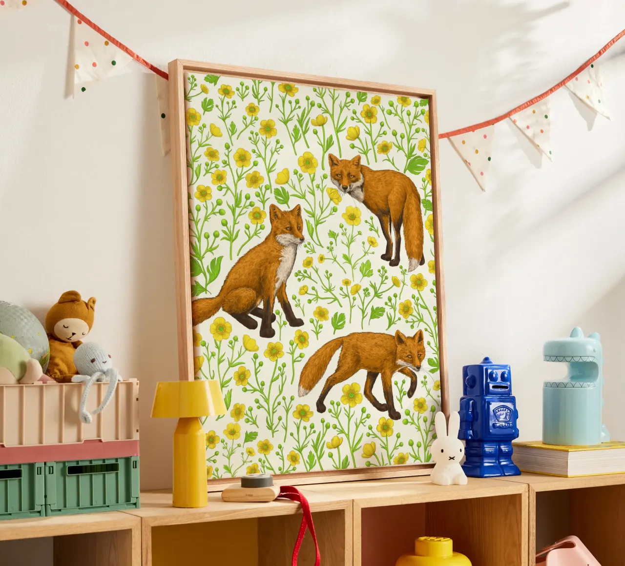 Foxes and buttercups canvas with Floater frame by Painted Nature