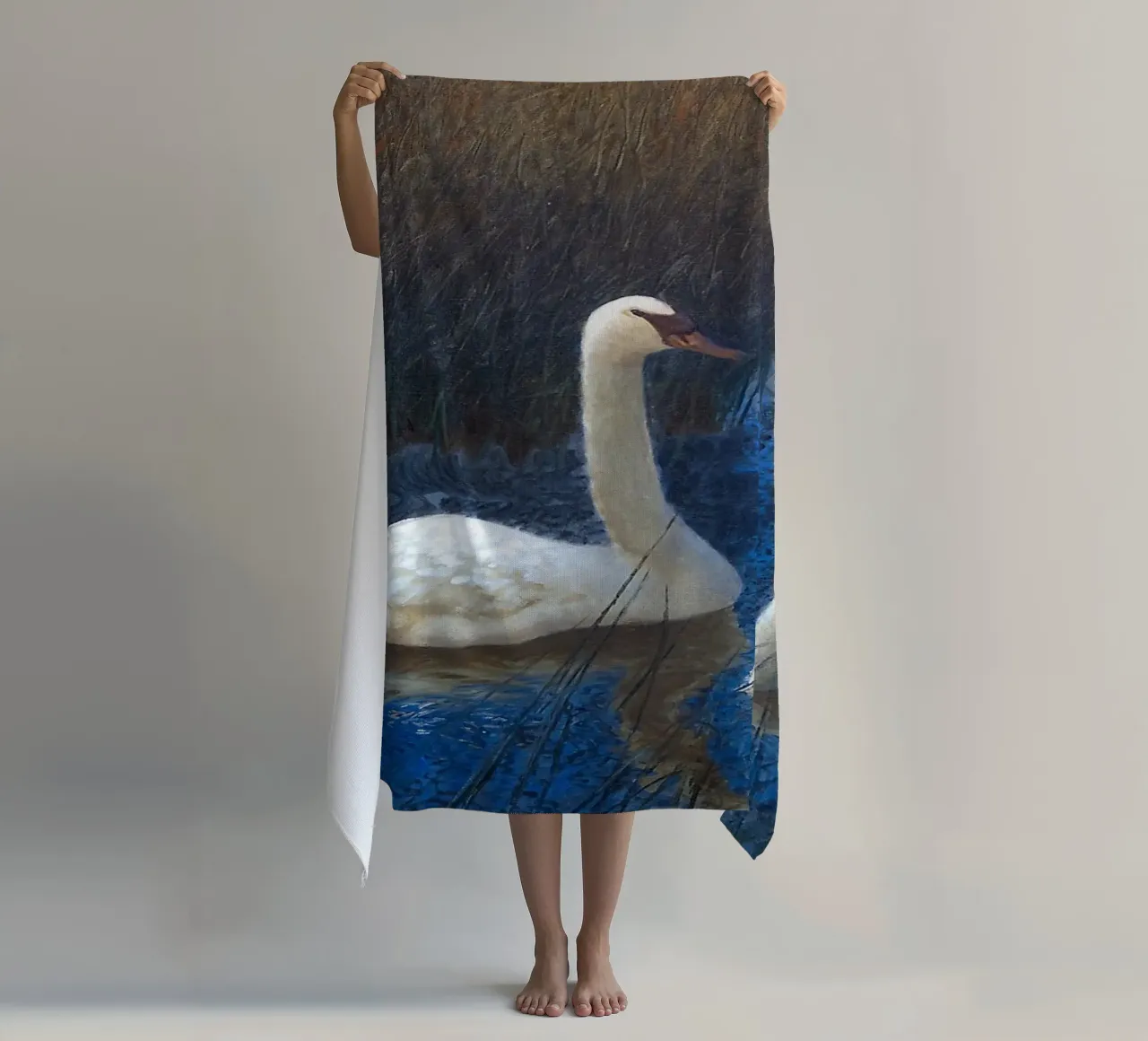 White swans beach towel by apoloprints