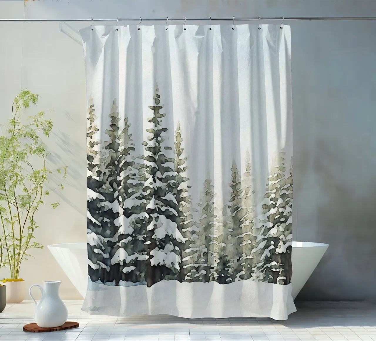 Snowy Pine Tree Watercolor shower curtain by apoloprints