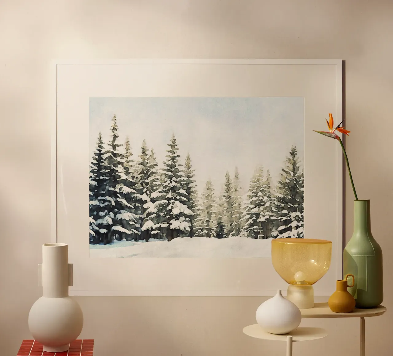 Snowy Pine Tree Watercolor carta hahnemühle da apoloprints