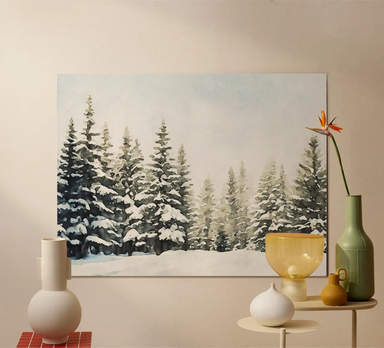 Snowy Pine Tree Watercolor carta hahnemühle da apoloprints
