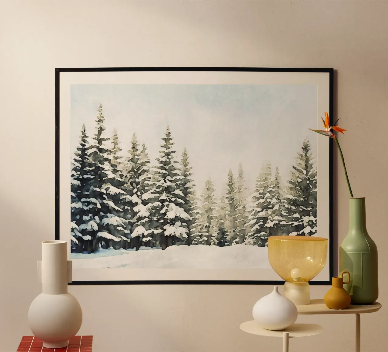 Snowy Pine Tree Watercolor carta hahnemühle da apoloprints