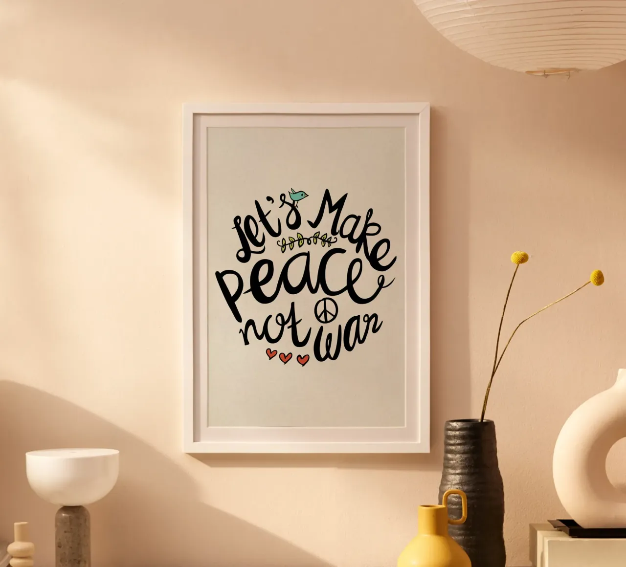 Peace Not War poster con telaio in legno da Pom Graphic Design