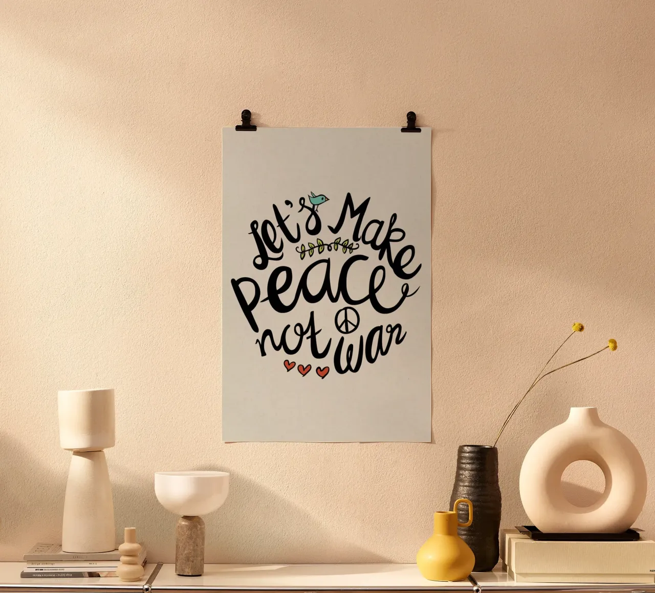 Peace Not War poster con telaio in legno da Pom Graphic Design
