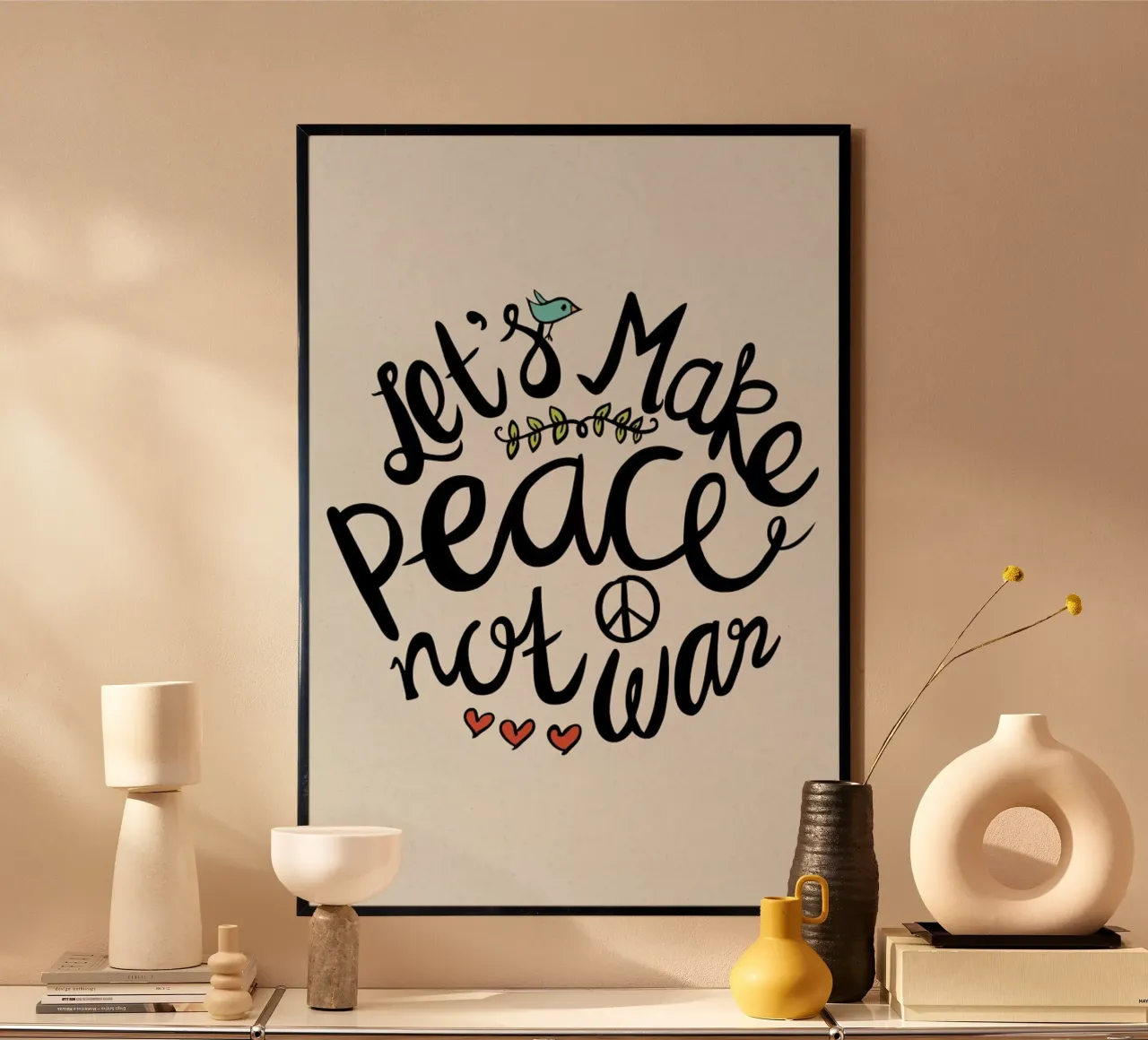 Peace Not War poster con telaio in legno da Pom Graphic Design