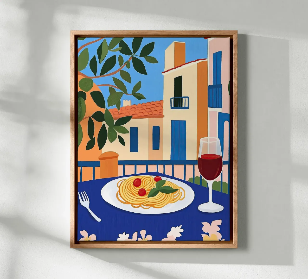 Pasta y vino lienzo con Marco flotante de Art Center