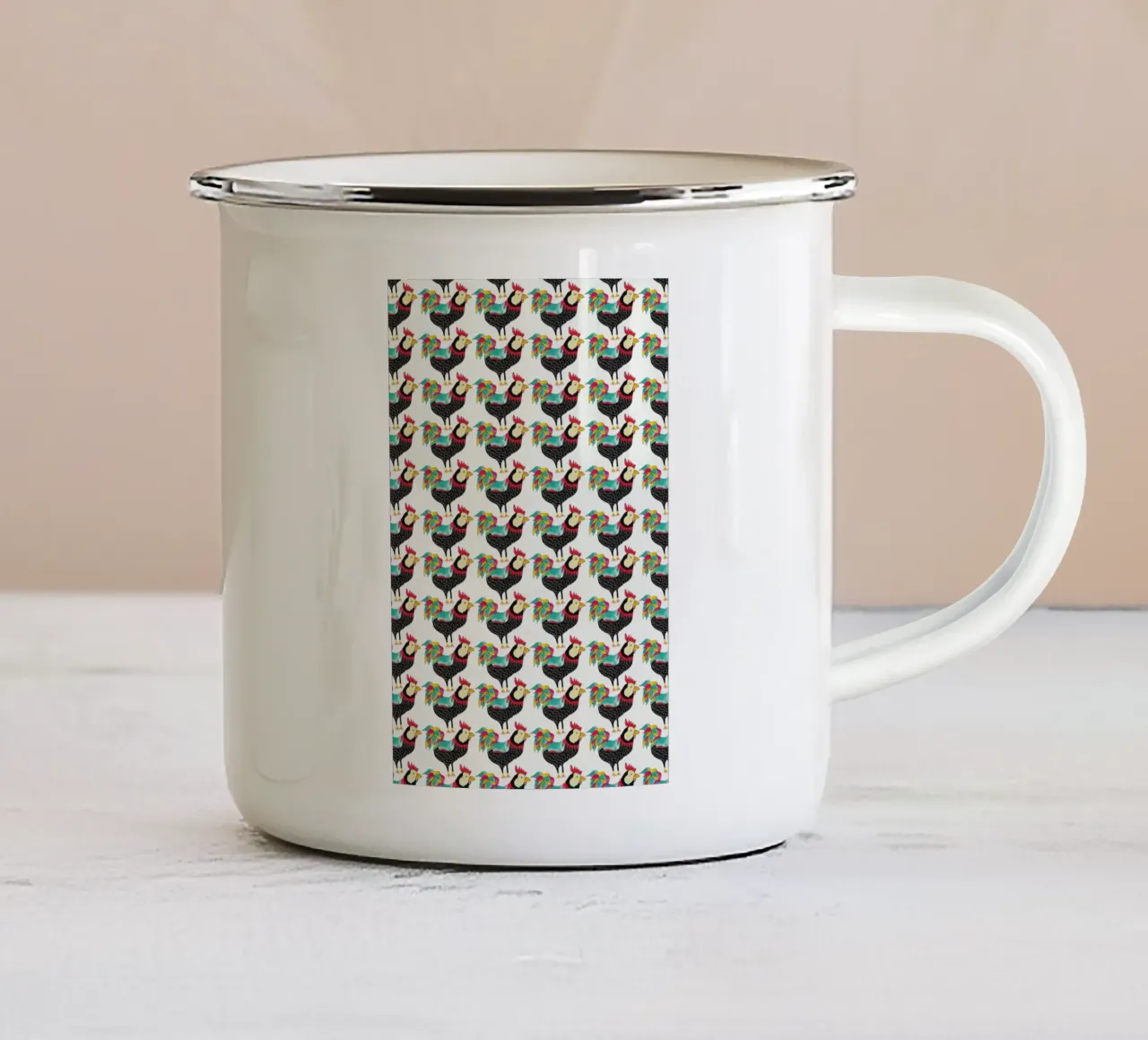 Whimsical Rooster Gang tazza in smalto da Pom Graphic Design