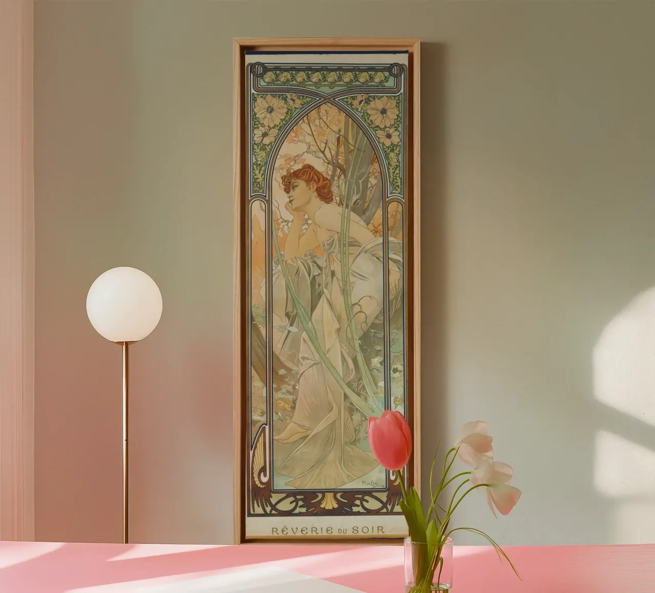 Alfons Mucha - Abendliche Kontemplation Leinwand mit Schattenfugenrahmen von ARTOTHEK