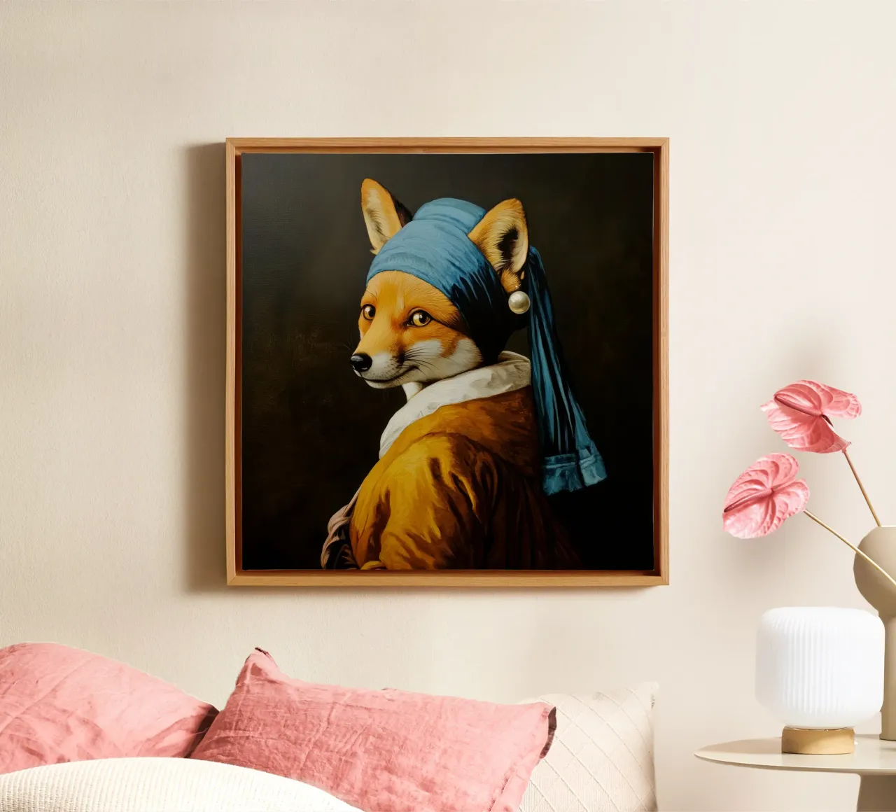 Der Fuchs mit dem Perlenohrring Leinwand mit Schattenfugenrahmen von Modern Muse