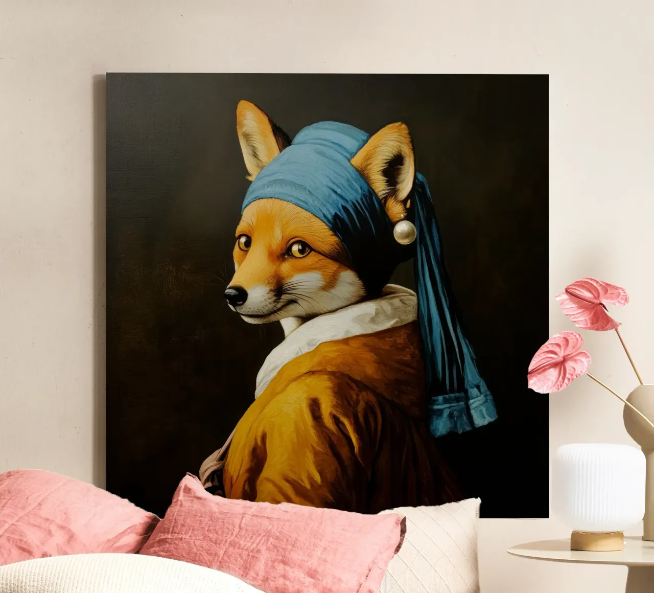 Der Fuchs mit dem Perlenohrring Leinwand mit Schattenfugenrahmen von Modern Muse