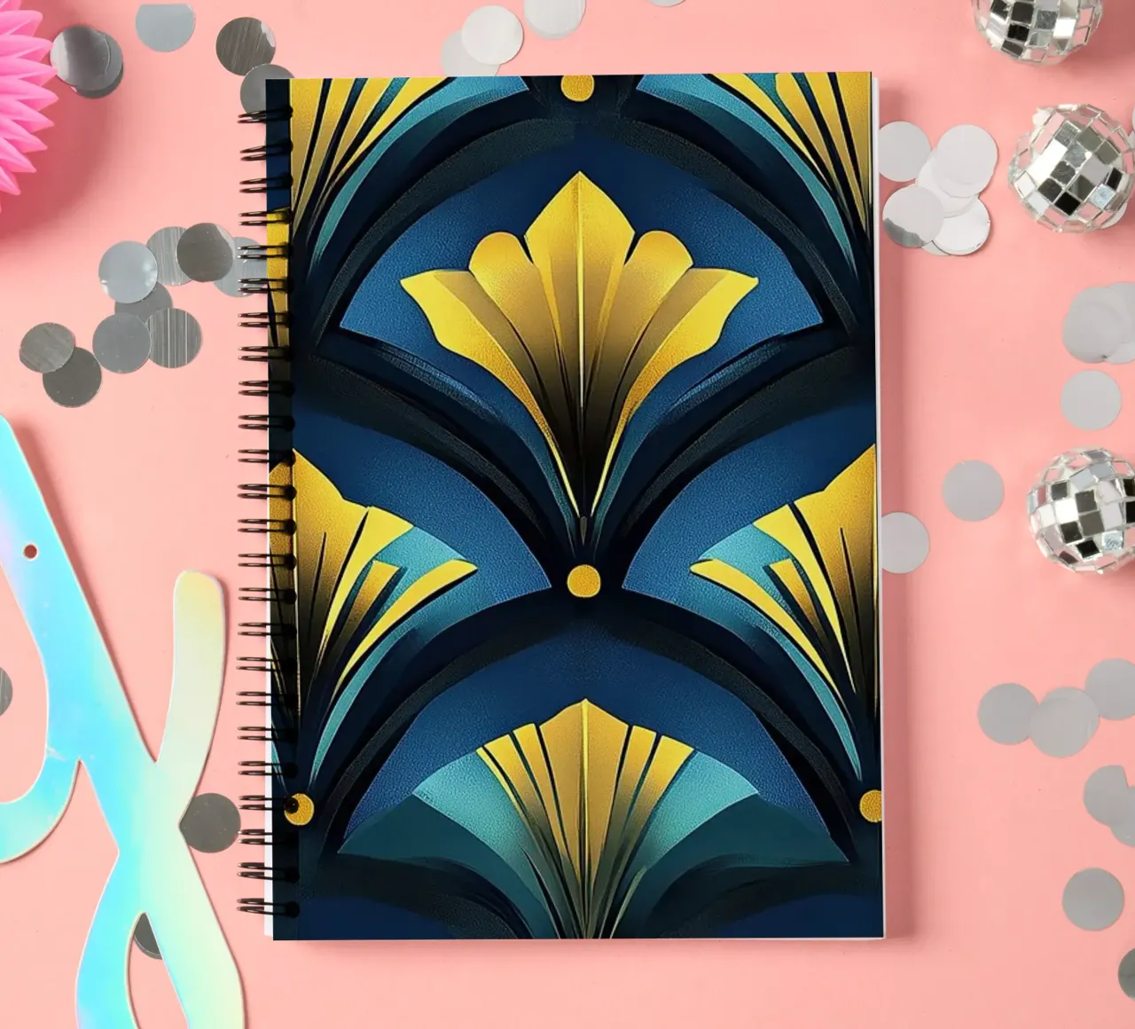 Art Deco "Shimmering Skylines" spiral notebook by Nikis Art Studio