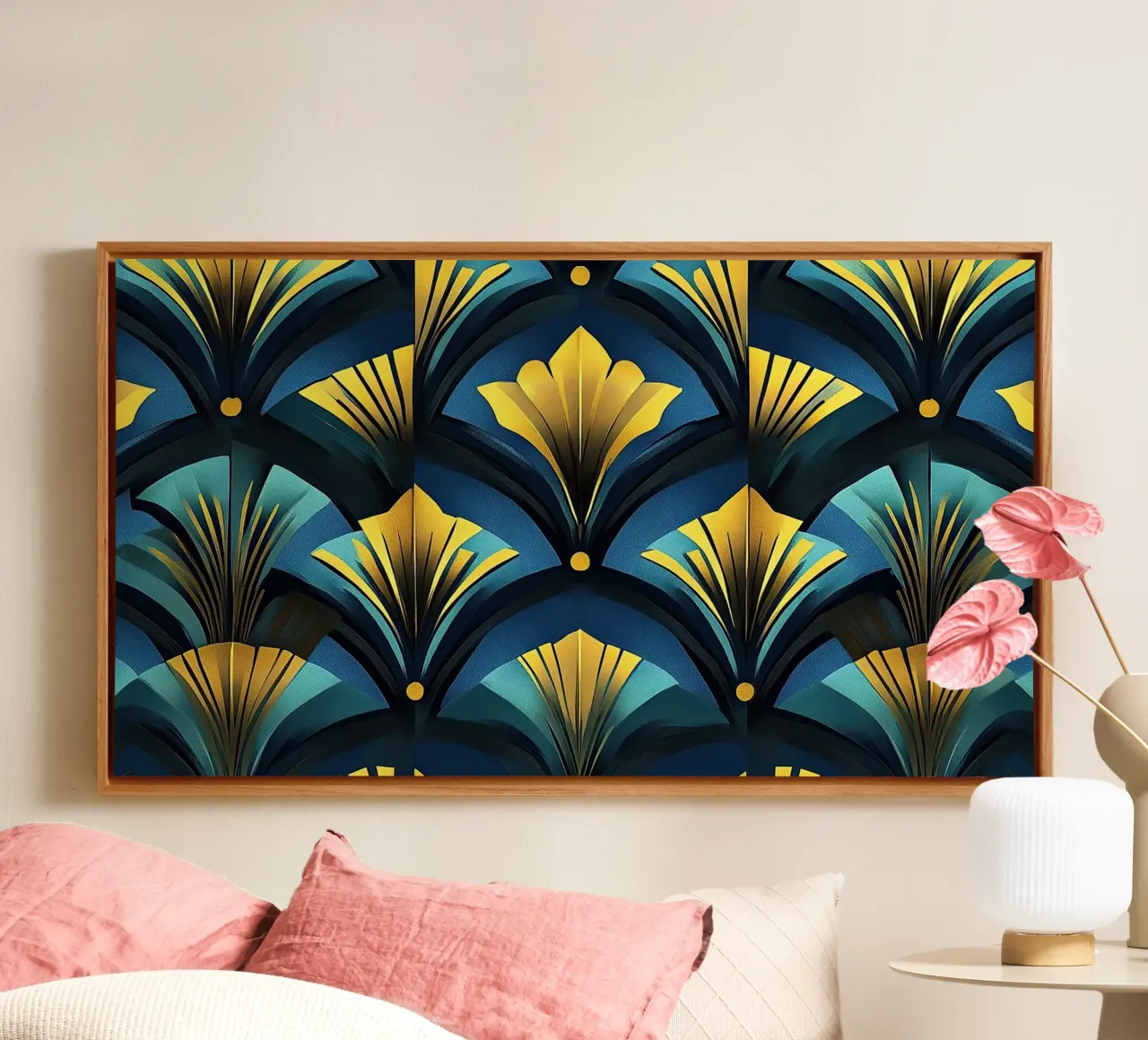 Art Deco "Shimmering Skylines" tela con Cornice a cassetta da Nikis Art Studio