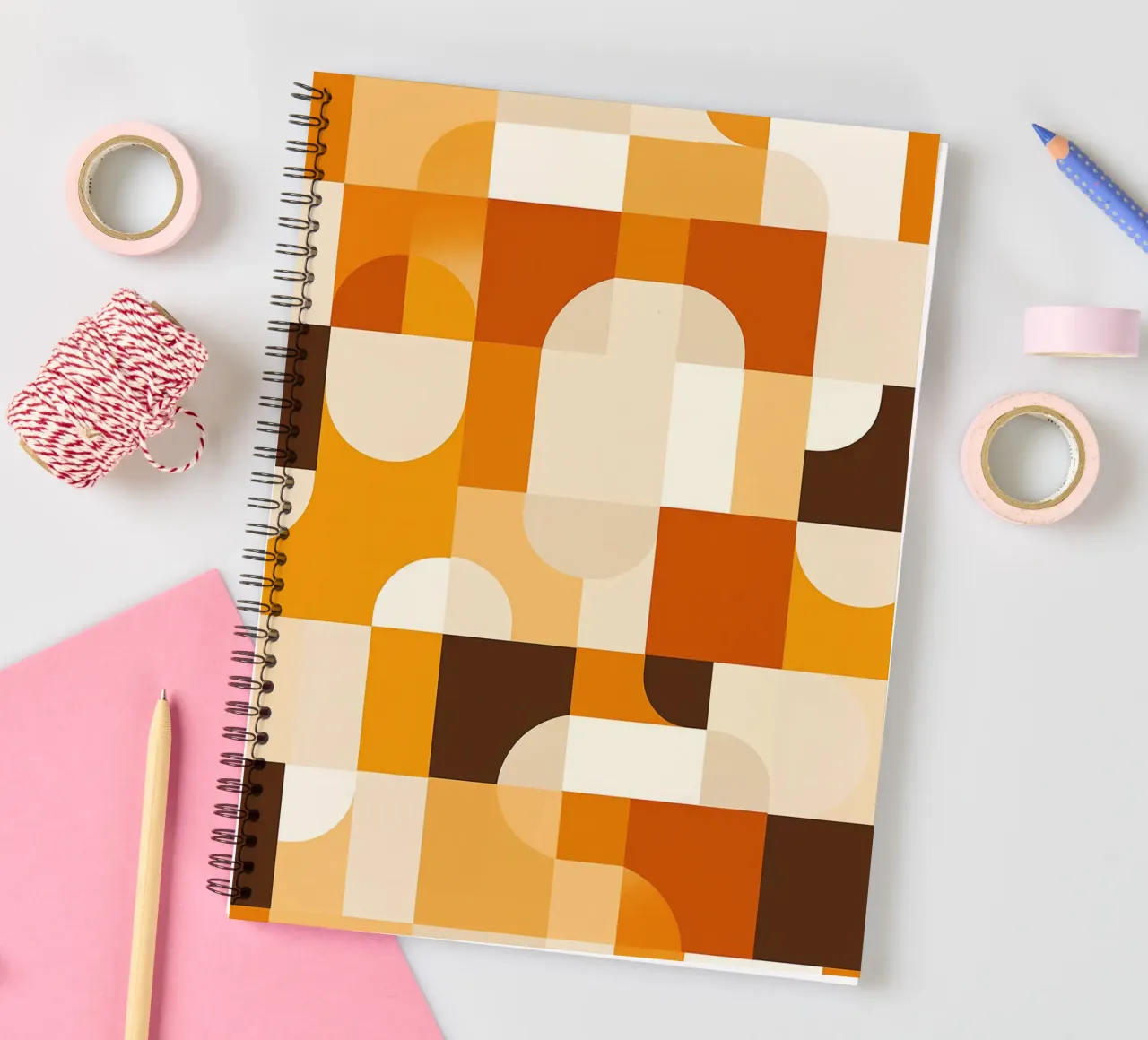 Earth-coloured Scandinavian retro Bauhaus pattern spiral notebook by Autofocus