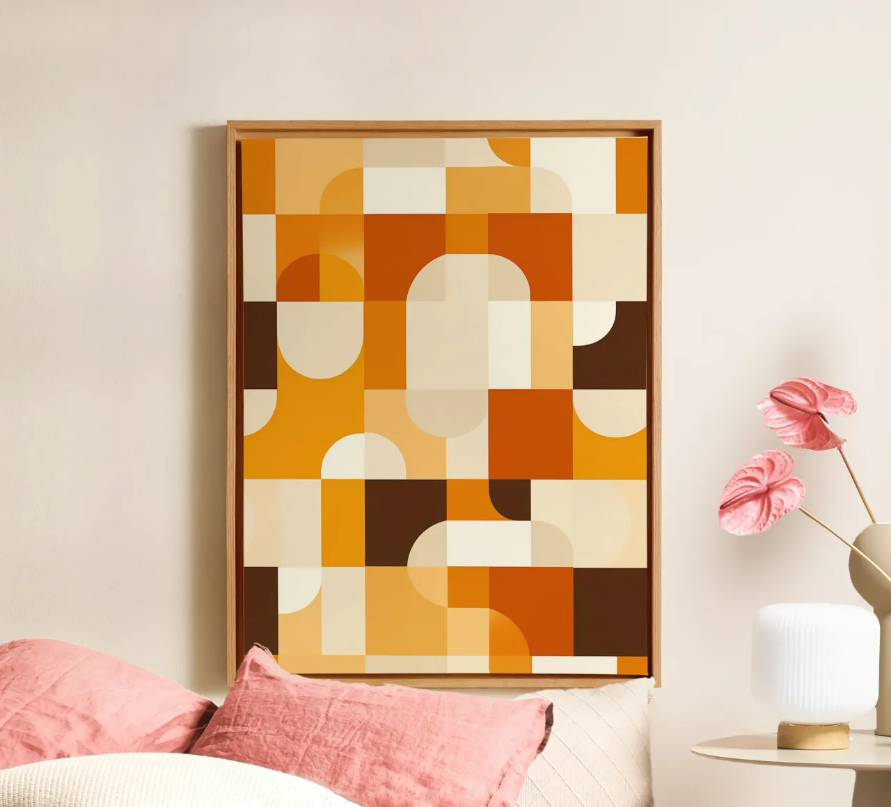 Earth-coloured Scandinavian retro Bauhaus pattern canvas with Floater frame by Autofocus