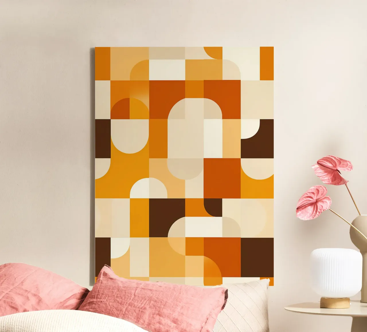 Earth-coloured Scandinavian retro Bauhaus pattern canvas with Floater frame by Autofocus