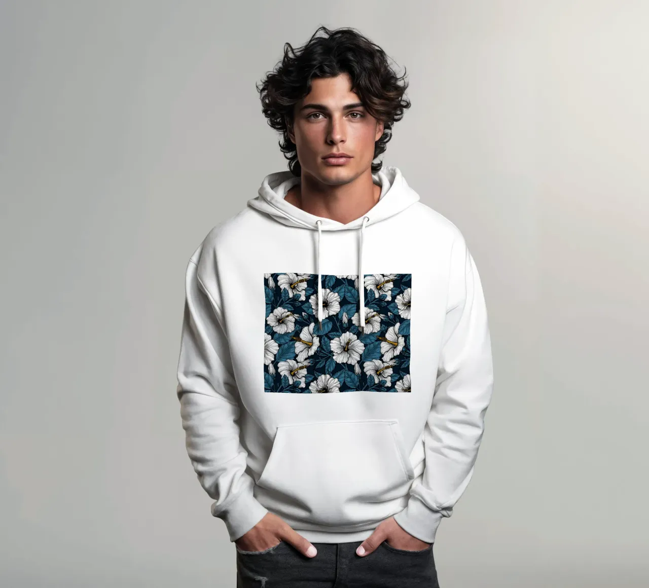 Ibisco bianco su blu scuro felpa con cappuccio da Painted Nature