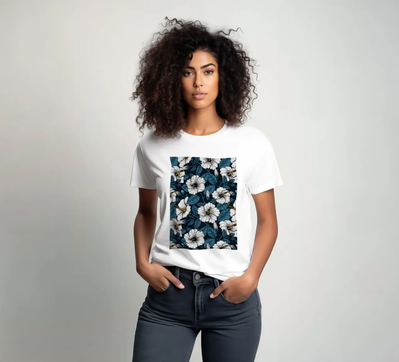 Ibisco bianco su blu scuro t-shirt da Painted Nature