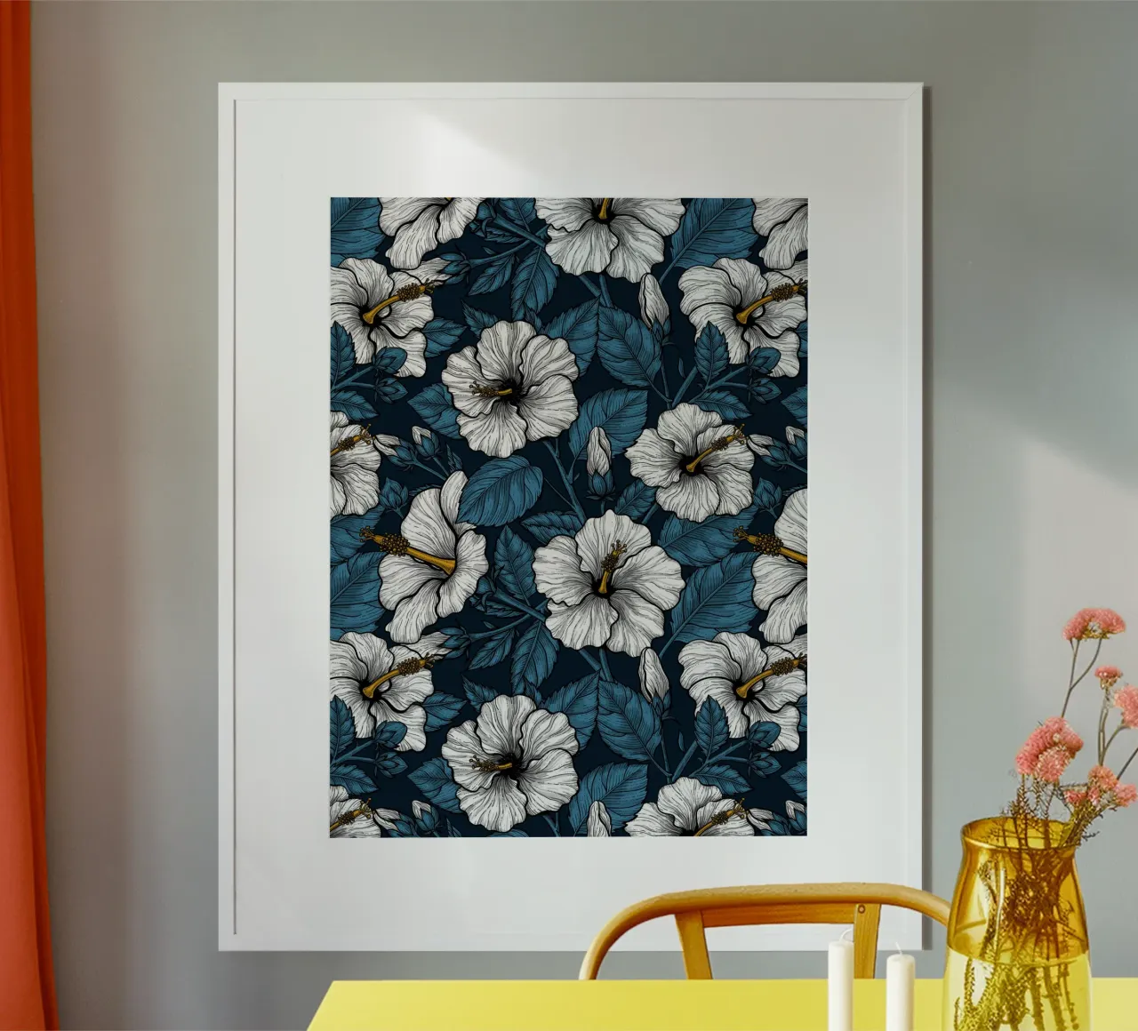 Ibisco bianco su blu scuro poster da Painted Nature