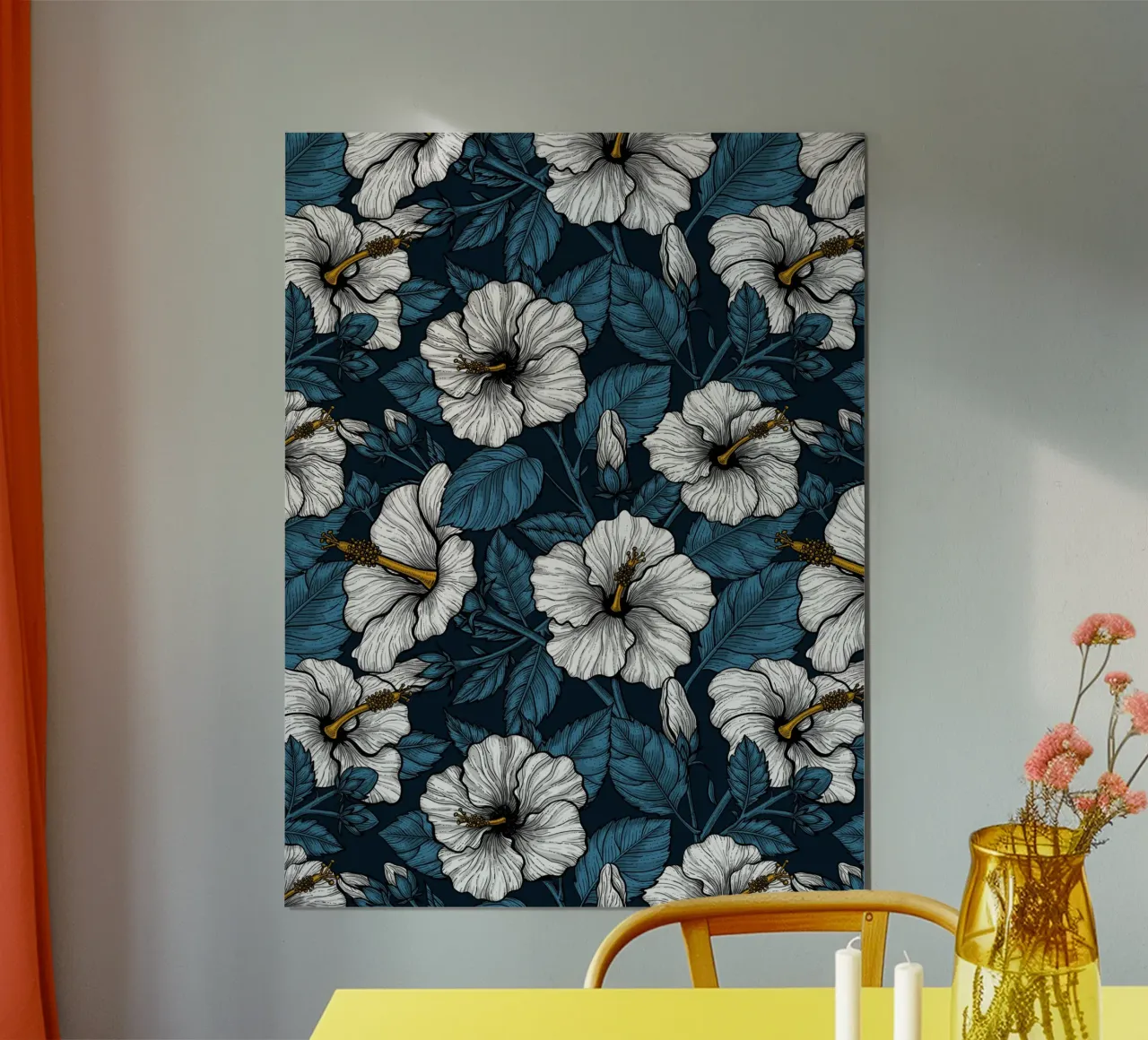 Ibisco bianco su blu scuro poster da Painted Nature