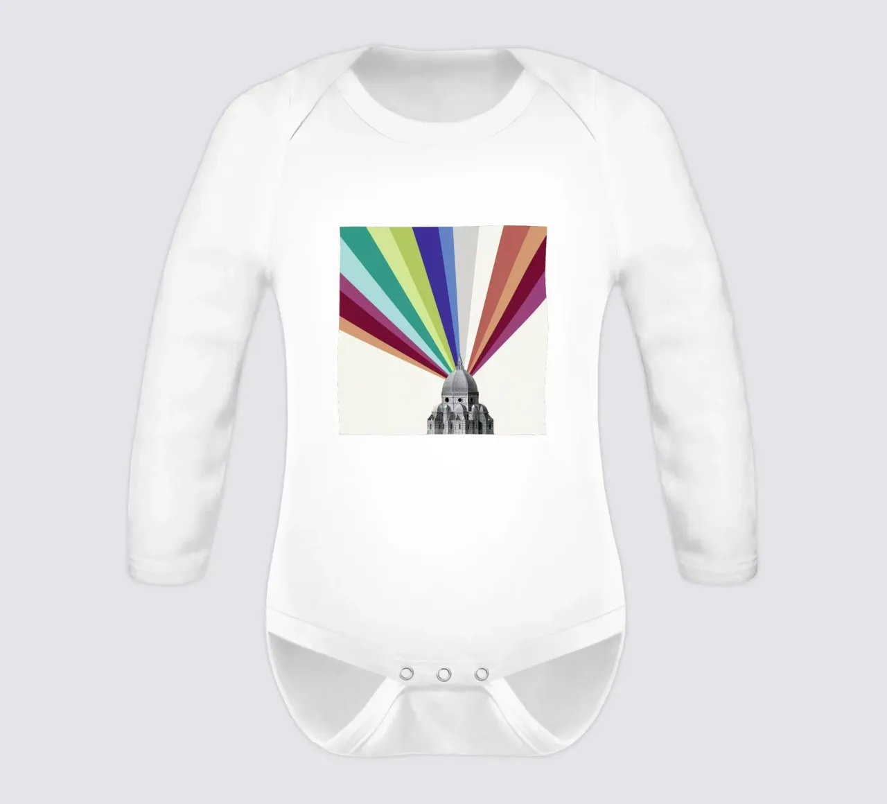 Tower Rainbow long-sleeve baby romper by The Gently Unfurling Sneak