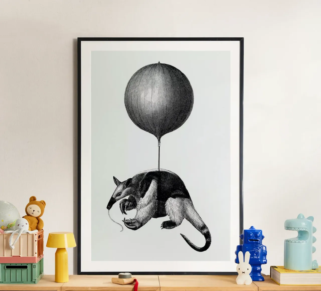Anteater Balloon poster con telaio in alluminio da The Gently Unfurling Sneak