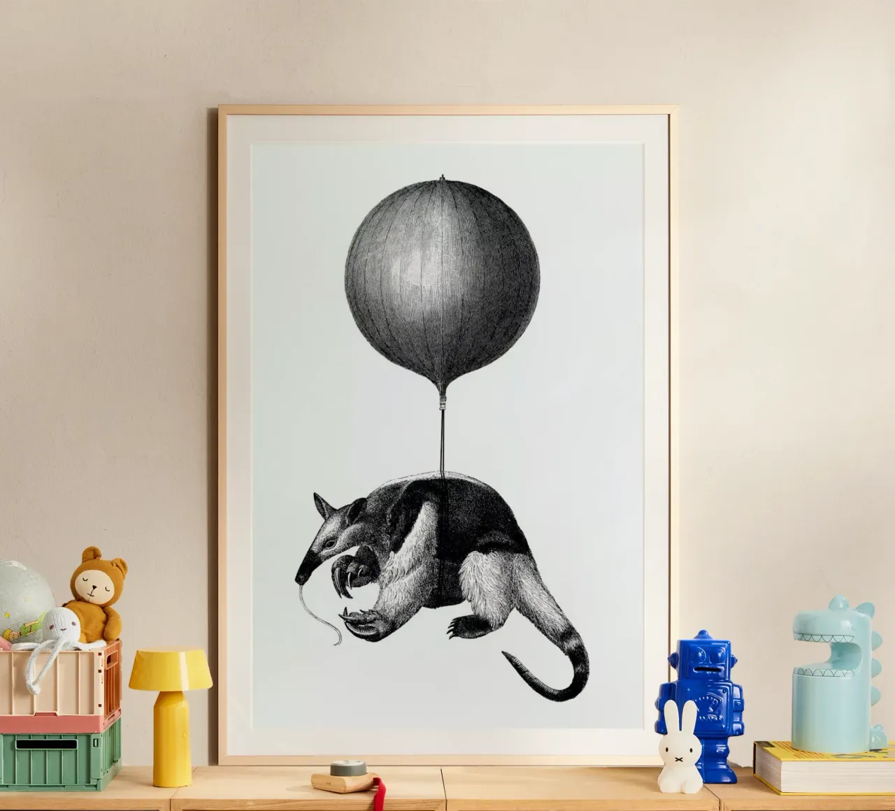 Anteater Balloon poster con telaio in alluminio da The Gently Unfurling Sneak