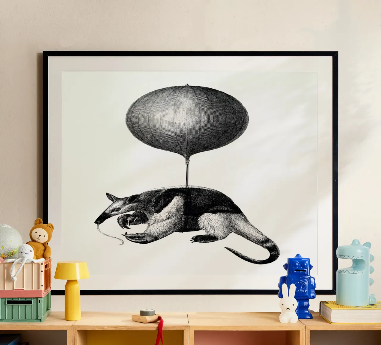Anteater Balloon poster con telaio in alluminio da The Gently Unfurling Sneak