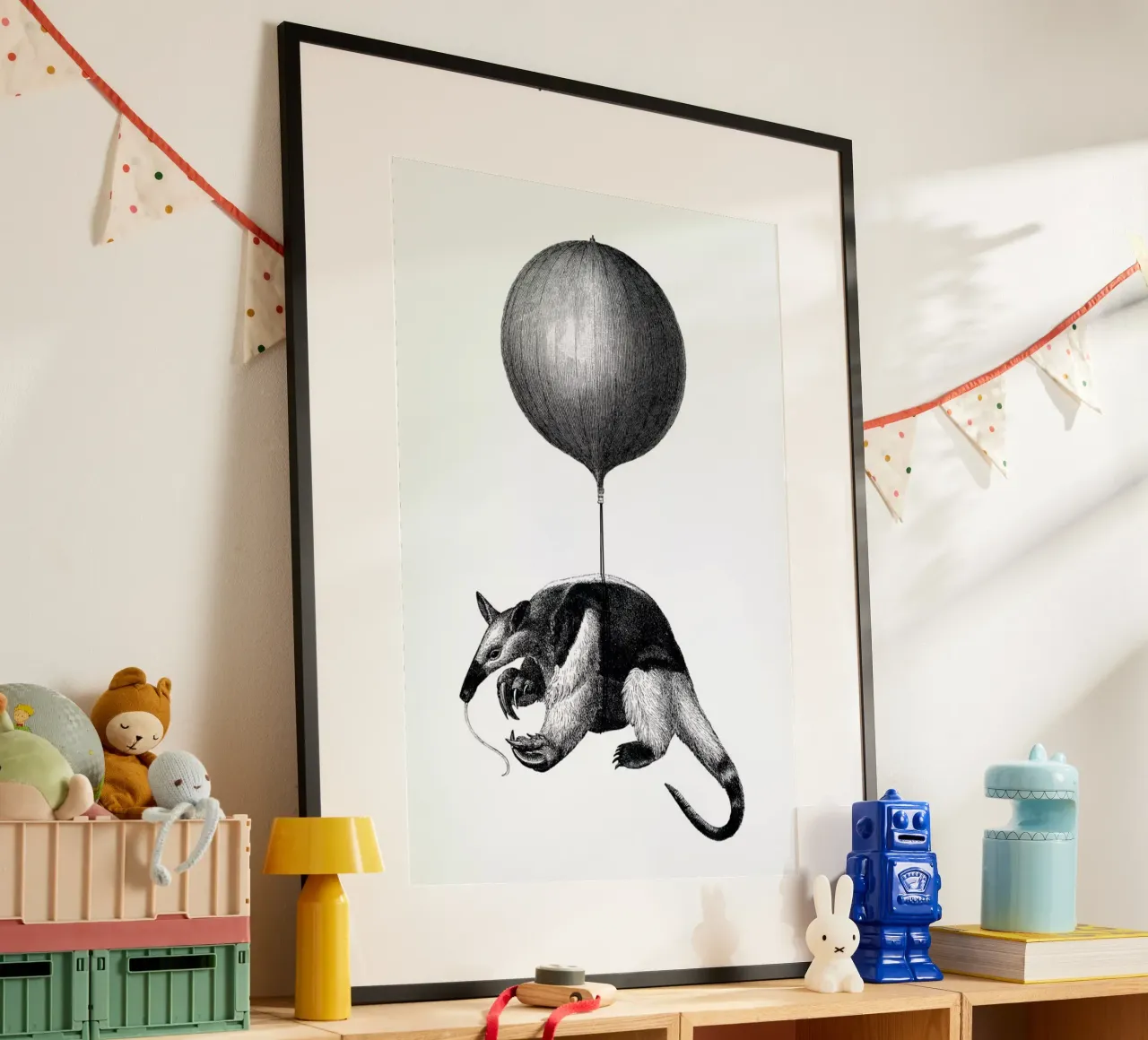 Anteater Balloon poster con telaio in alluminio da The Gently Unfurling Sneak