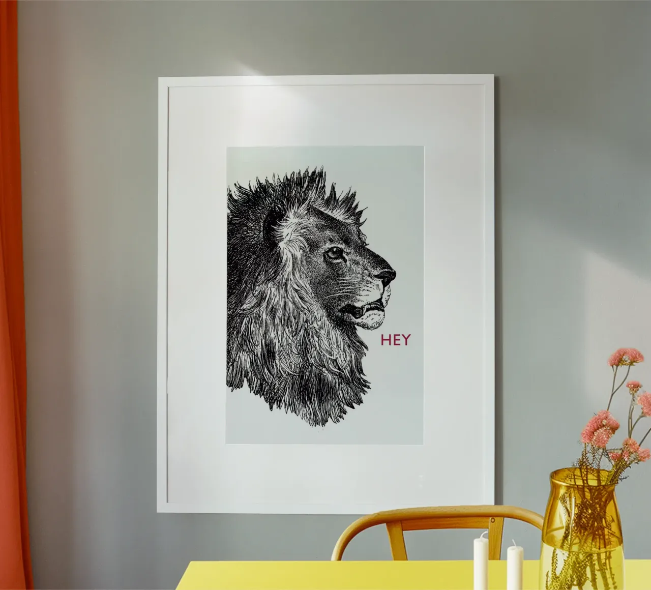 Hey Lion poster con telaio in alluminio da The Gently Unfurling Sneak
