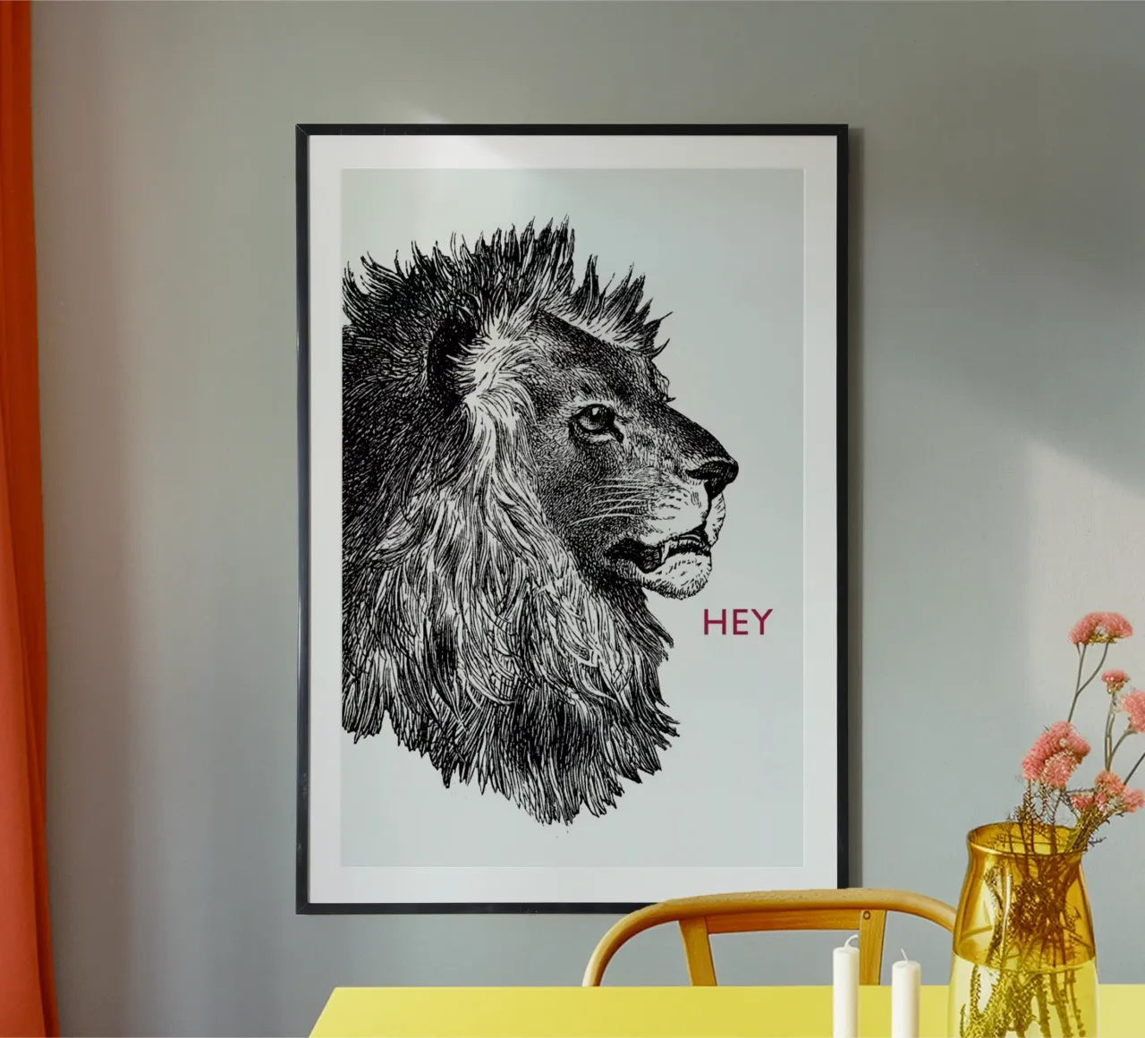 Hey Lion poster con telaio in alluminio da The Gently Unfurling Sneak