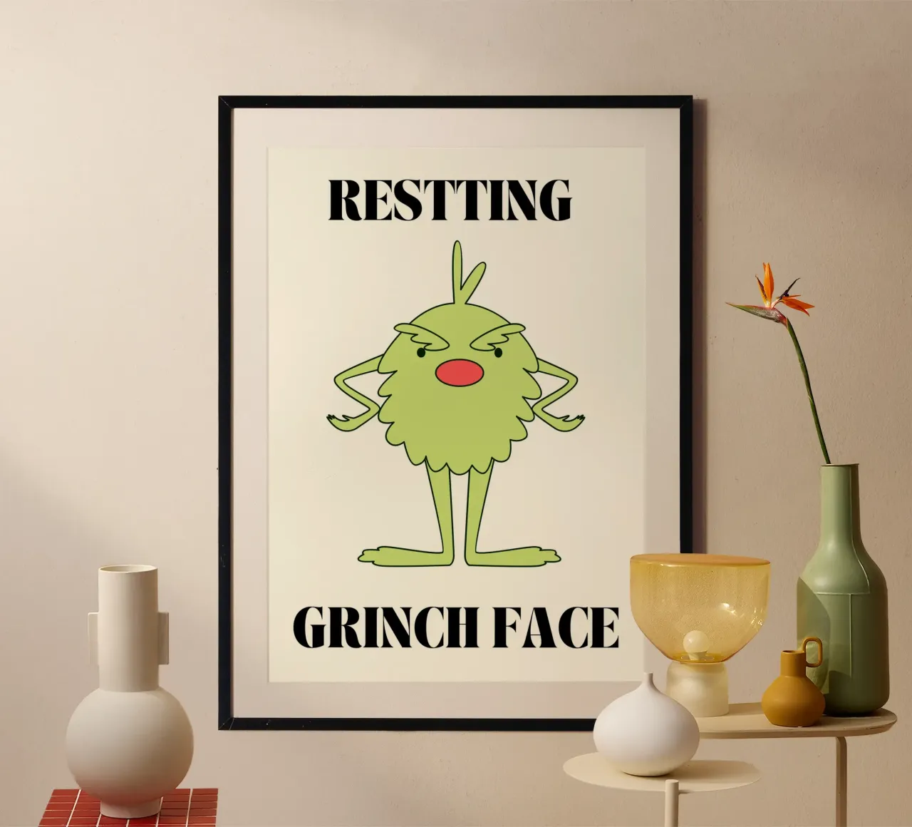 Resting Grinch Face  |  Fun Christmas Print poster con telaio in alluminio da PrintCessStudio