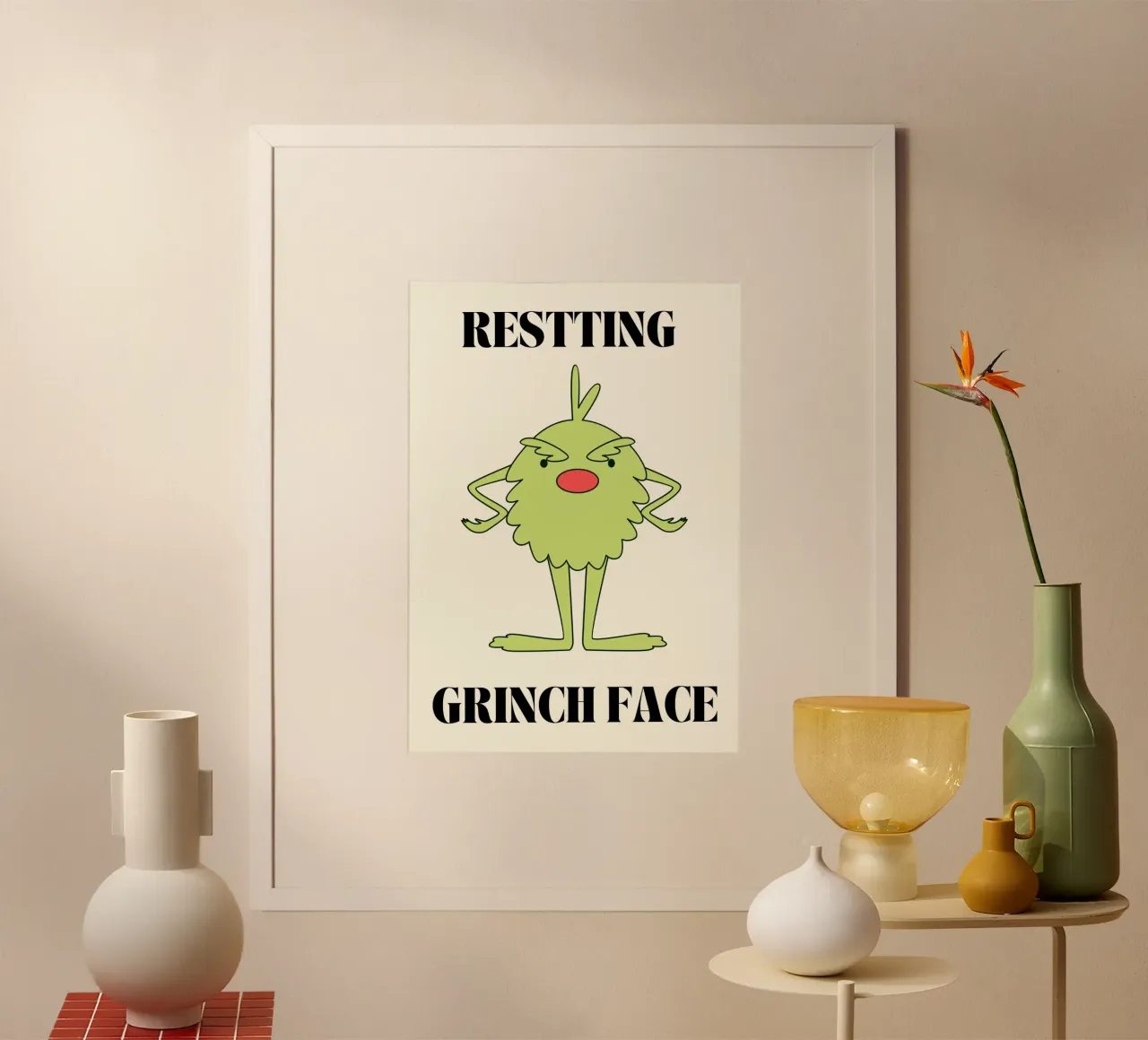 Resting Grinch Face  |  Fun Christmas Print poster con telaio in alluminio da PrintCessStudio