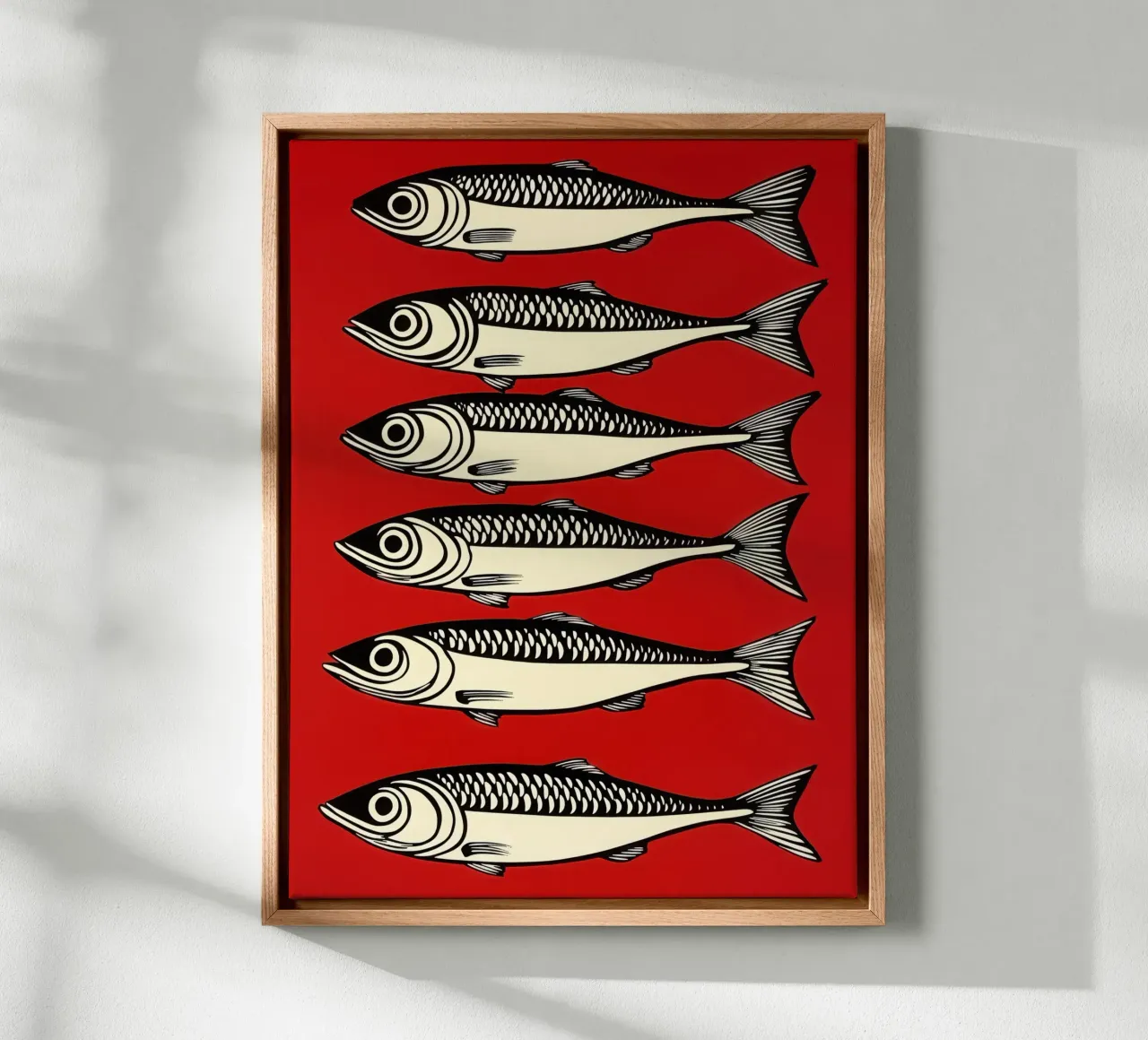 6 sardines on red | Decorative maritime motif canvas with Floater frame by Autofocus