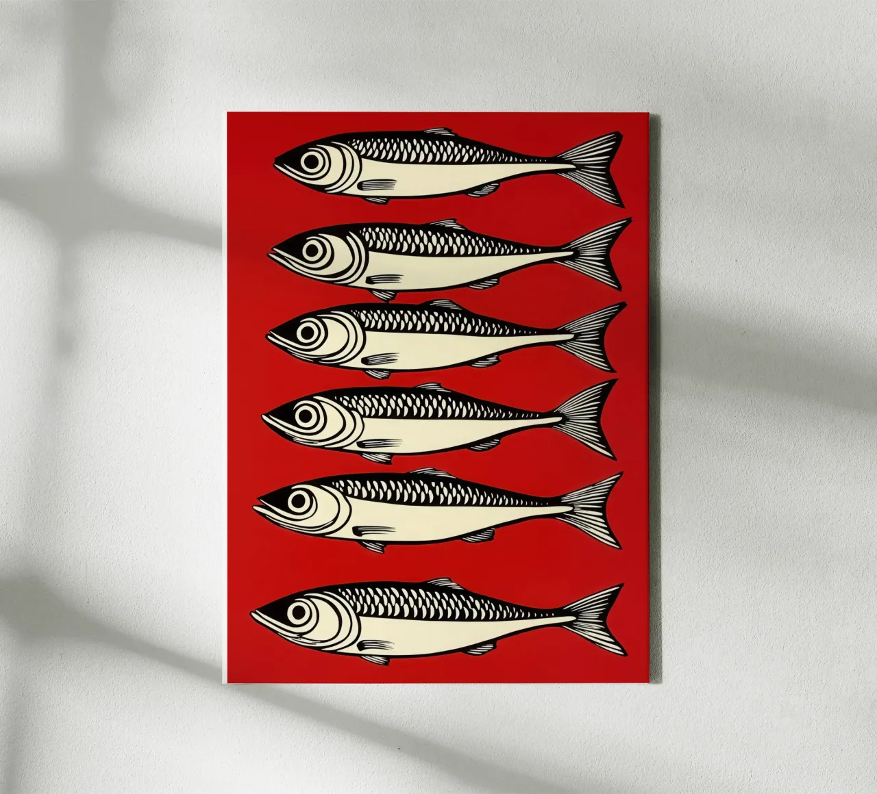 6 sardines on red | Decorative maritime motif canvas with Floater frame by Autofocus