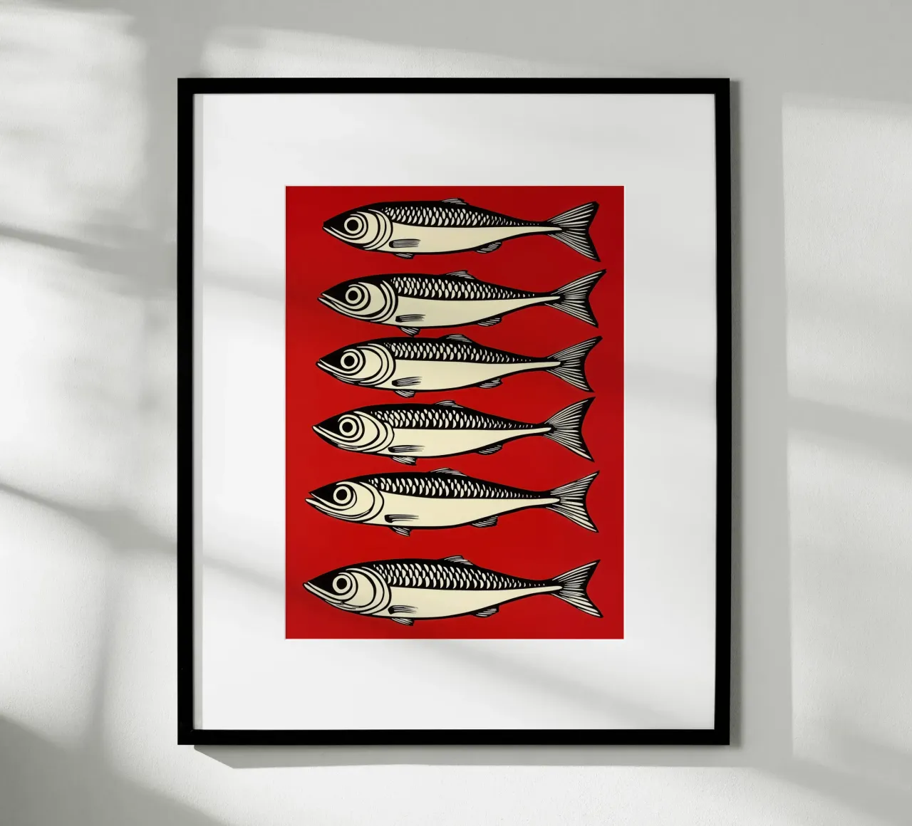 6 sardines on red | Decorative maritime motif poster with plastic frame by Autofocus