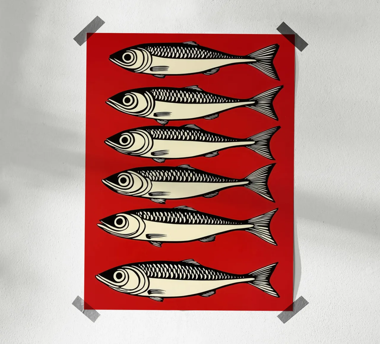 6 sardines on red | Decorative maritime motif poster with plastic frame by Autofocus
