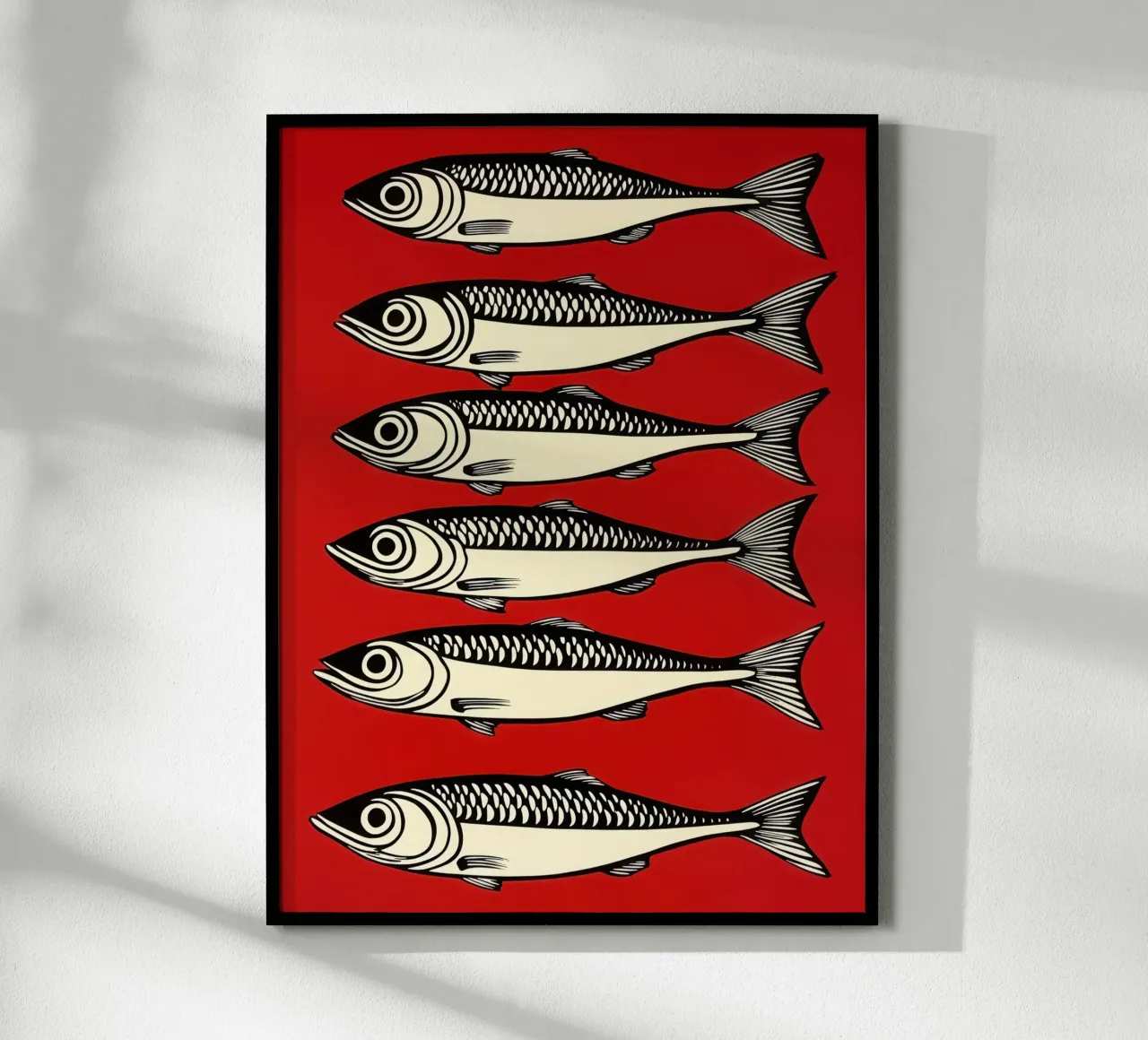 6 sardines on red | Decorative maritime motif poster with plastic frame by Autofocus