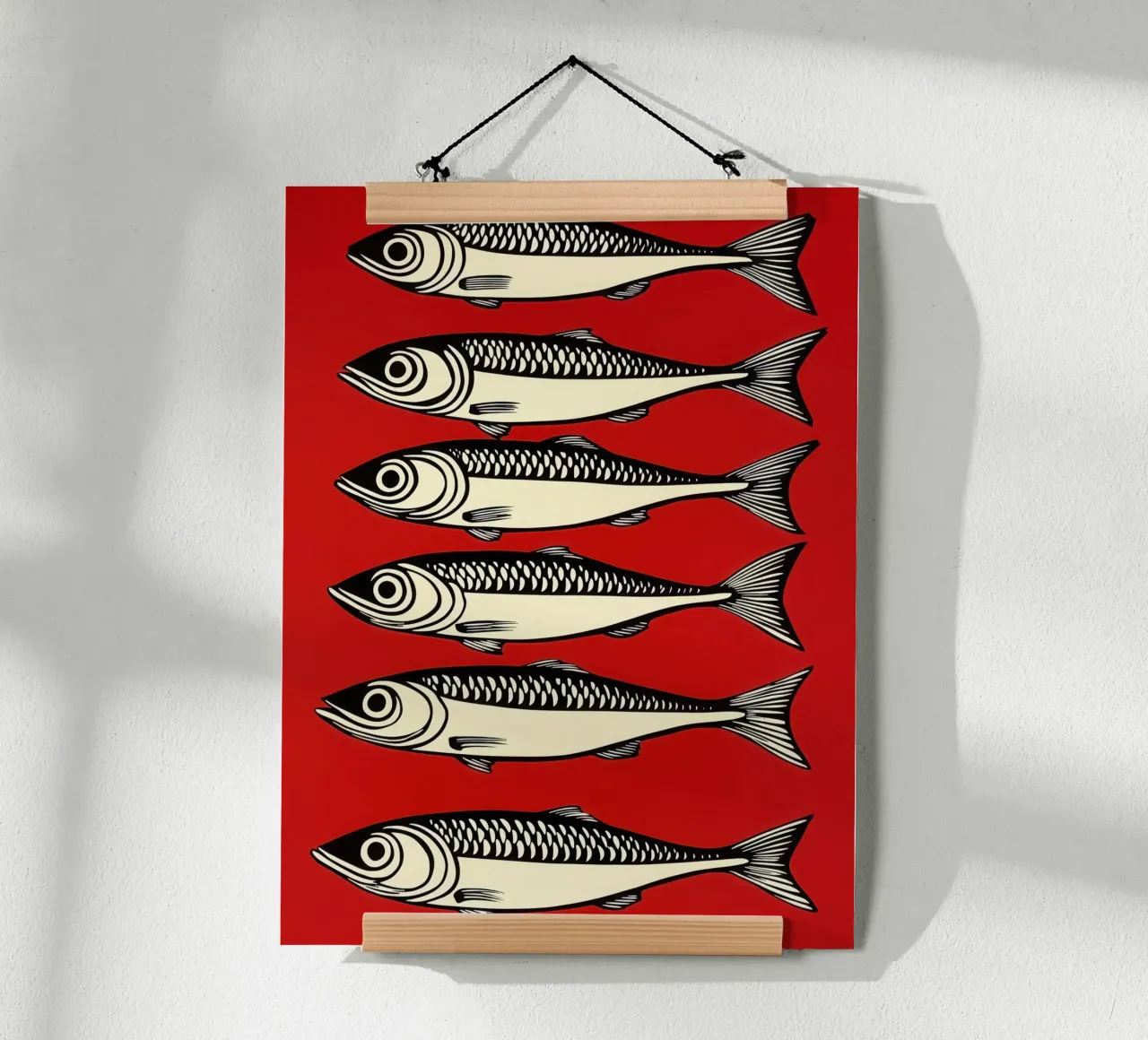 6 sardines on red | Decorative maritime motif poster with plastic frame by Autofocus
