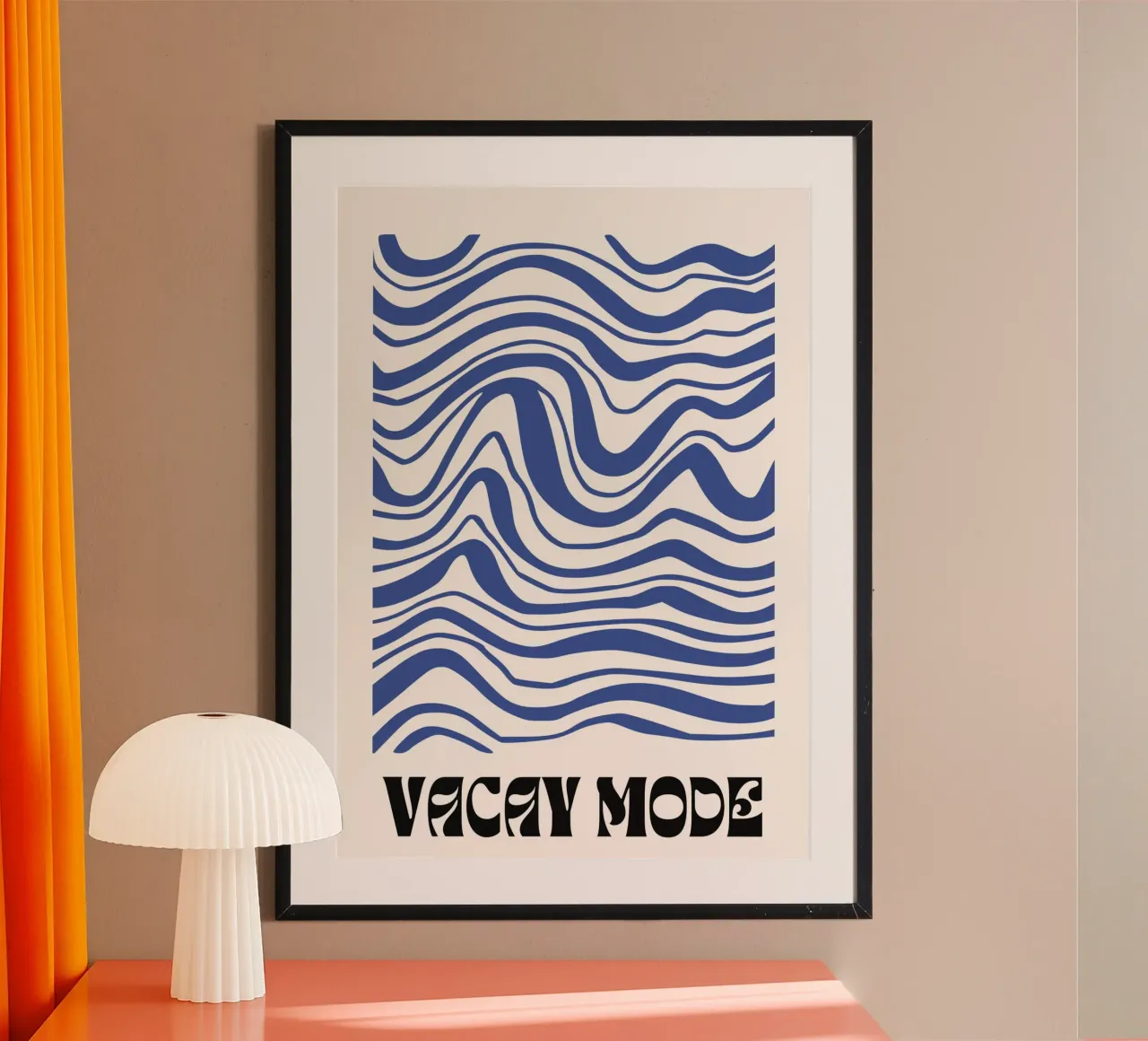 Vacay Mode  |  Contemporary Wavy Design poster with wooden frame by PrintCessStudio