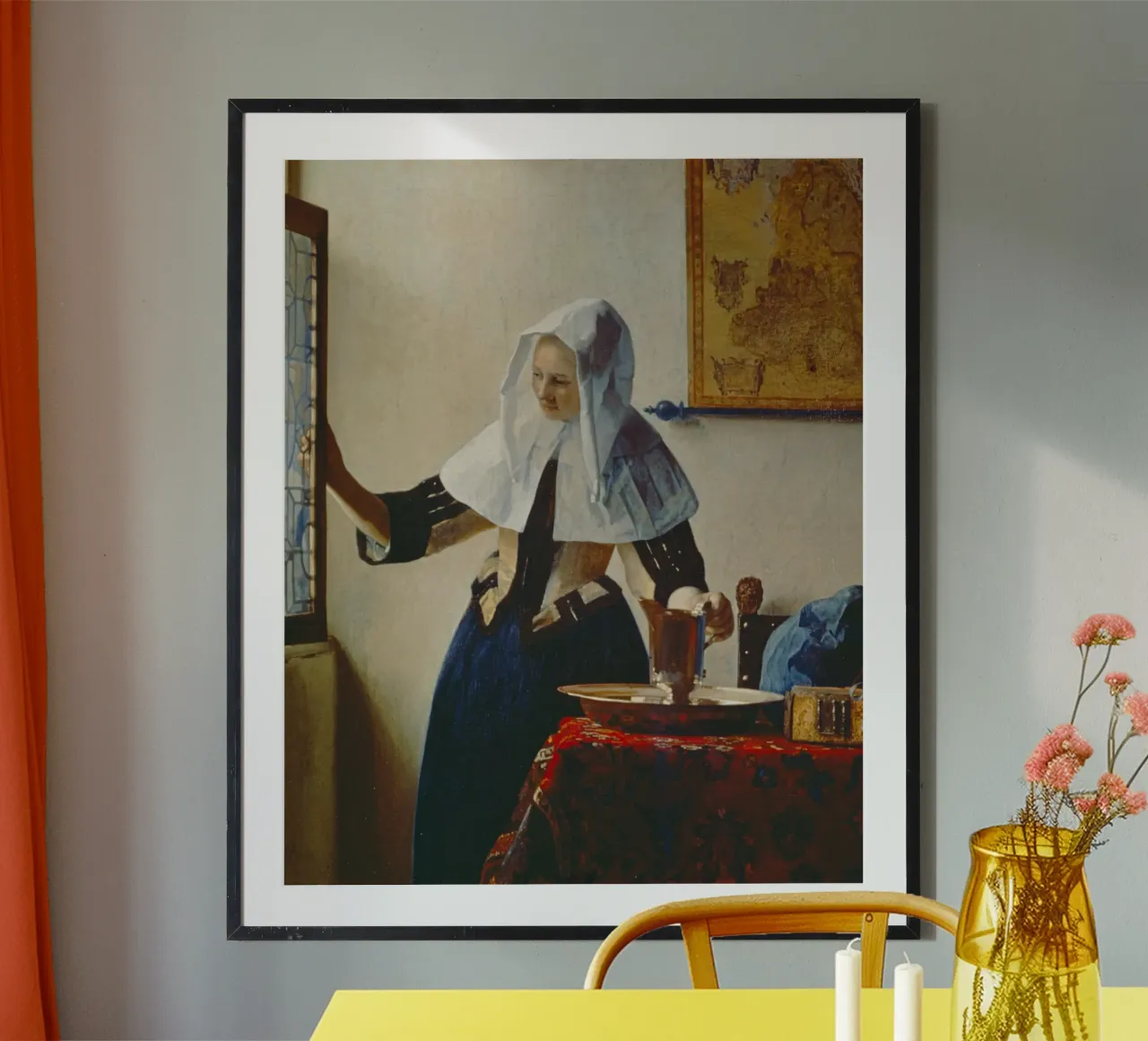 Vermeer - Joven con jarra de agua en la ventana poster con marco de madera de ARTOTHEK